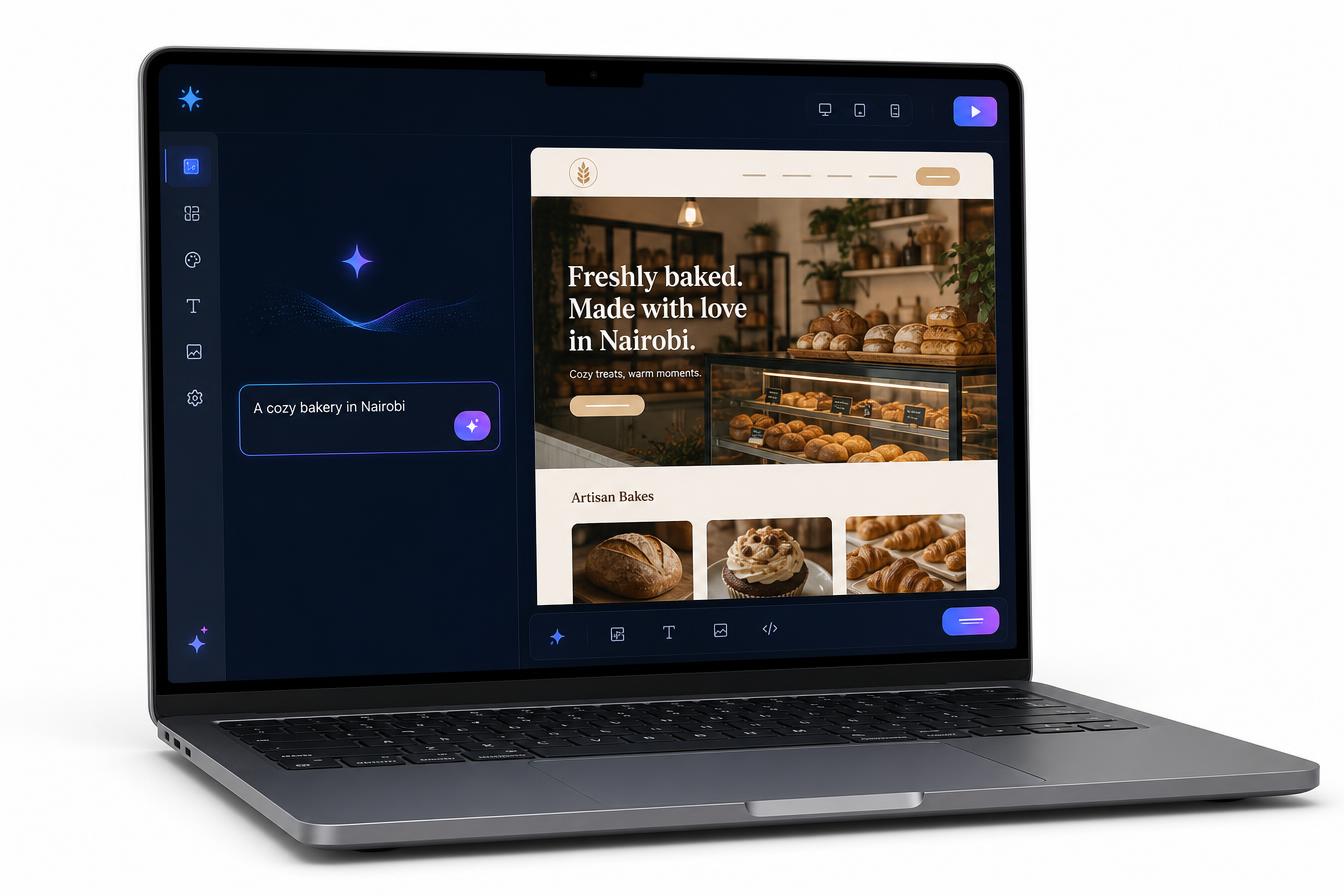Ayuni Host AI website builder showing a generated bakery website preview next to a simple text prompt