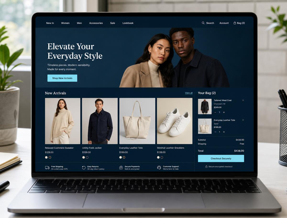 Completed online fashion store displayed on a laptop